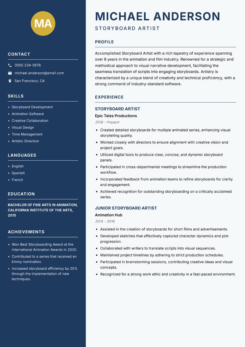 Storyboard Artist resume template — Classic Clean