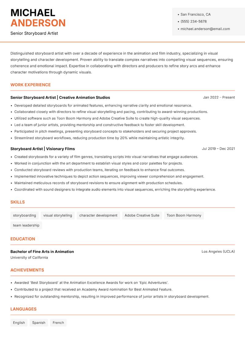 Storyboard Artist resume template — Modern Professional