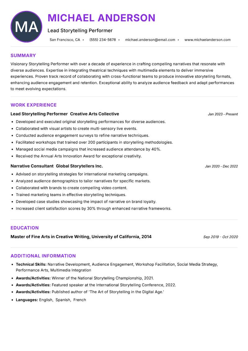 Storytelling Performer resume example — ATS-friendly template