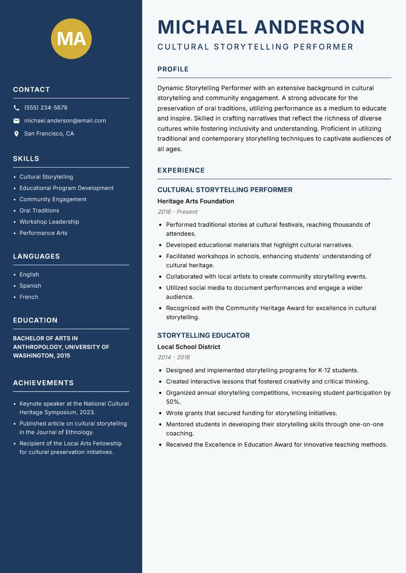 Storytelling Performer resume template — Classic Clean