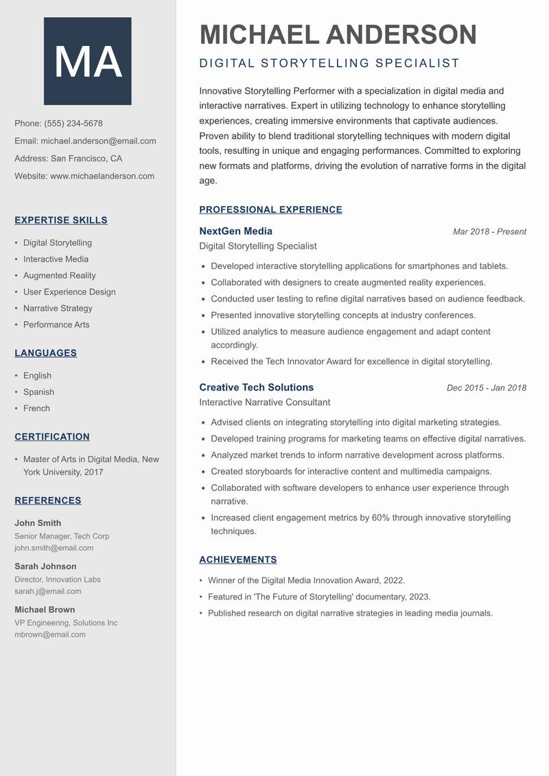 Storytelling Performer resume template — Creative Minimal