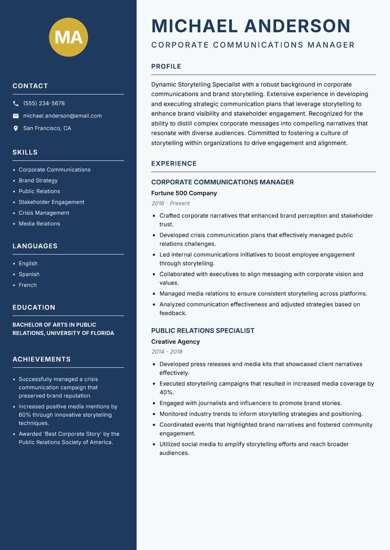 Storytelling Specialist resume template — Classic Clean