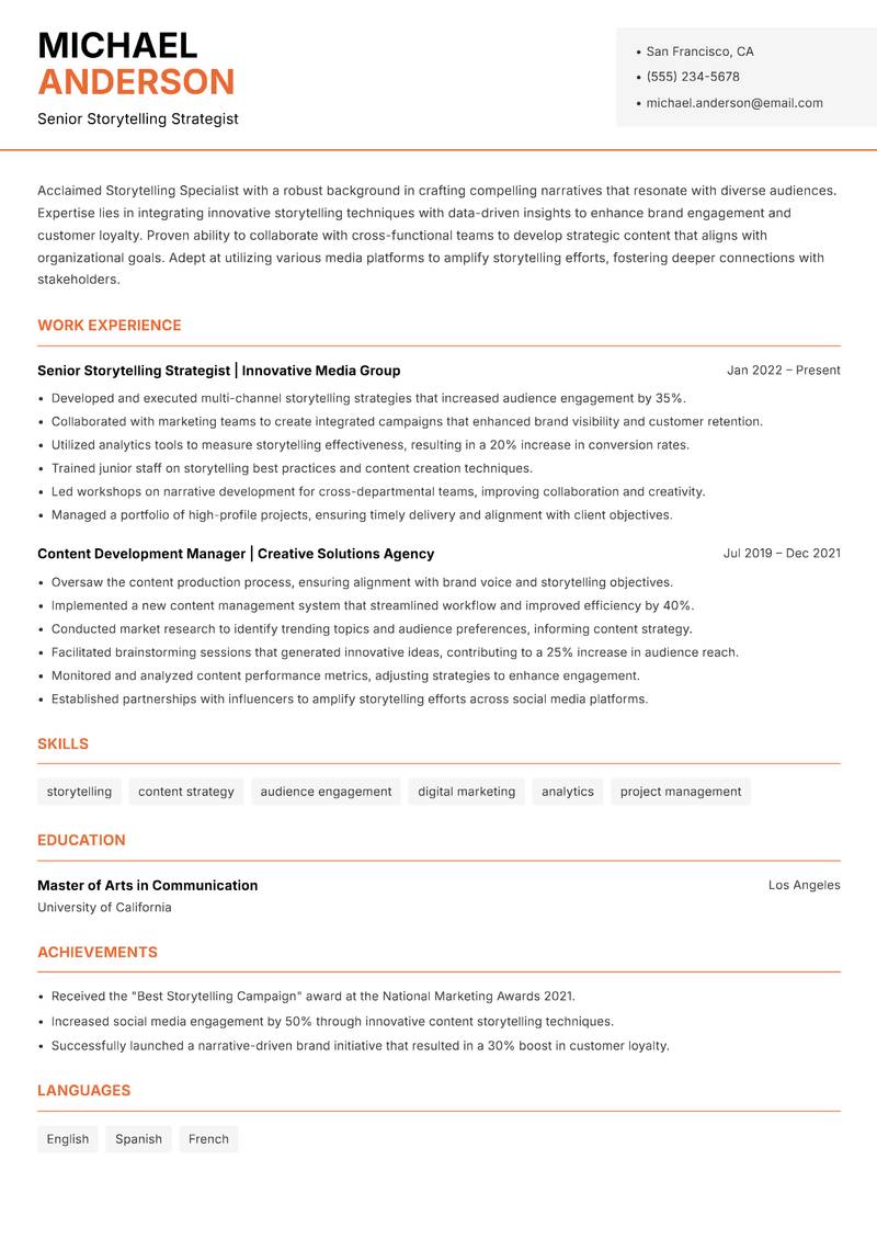 Storytelling Specialist resume template — Modern Professional