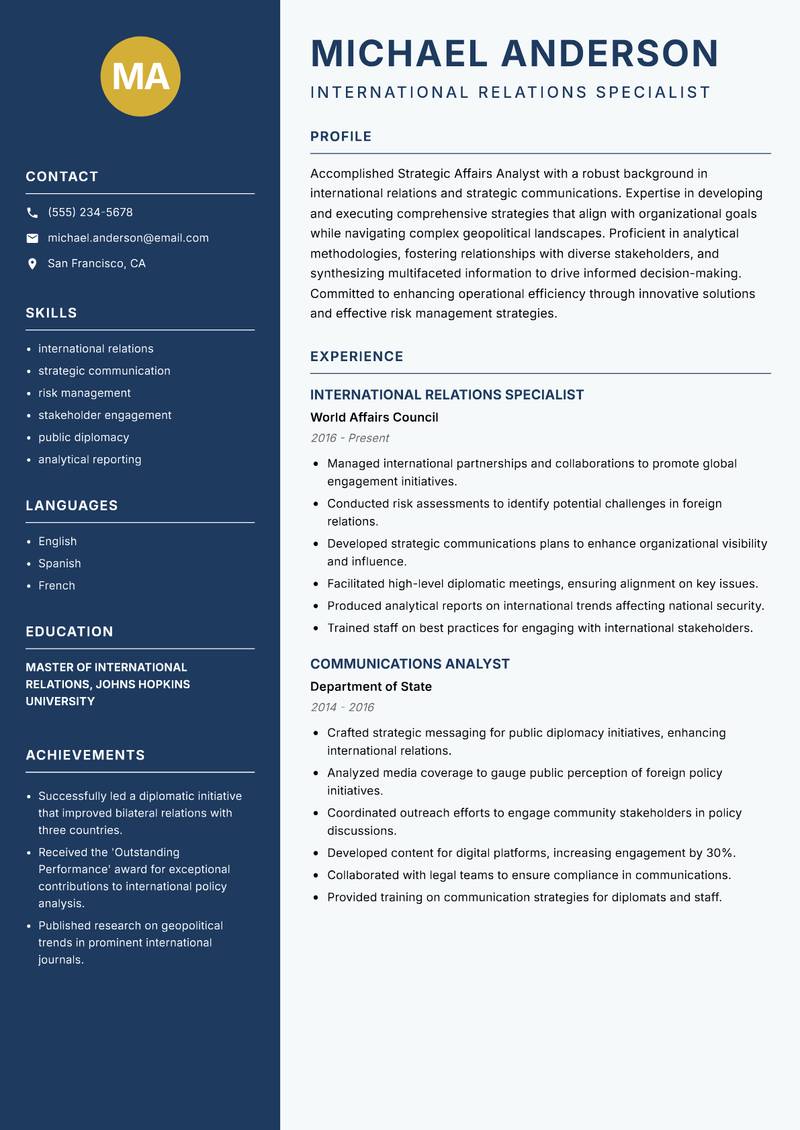 Strategic Affairs Analyst resume template — Classic Clean