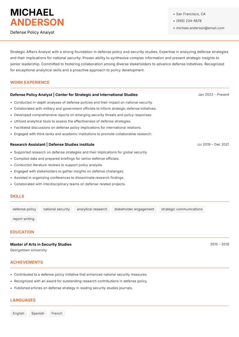 Strategic Affairs Analyst resume template — Modern Professional