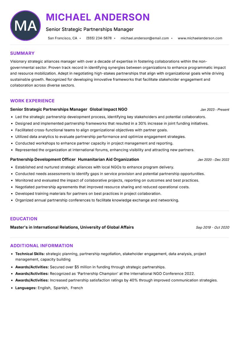Strategic Alliances Manager NGO resume example — ATS-friendly template