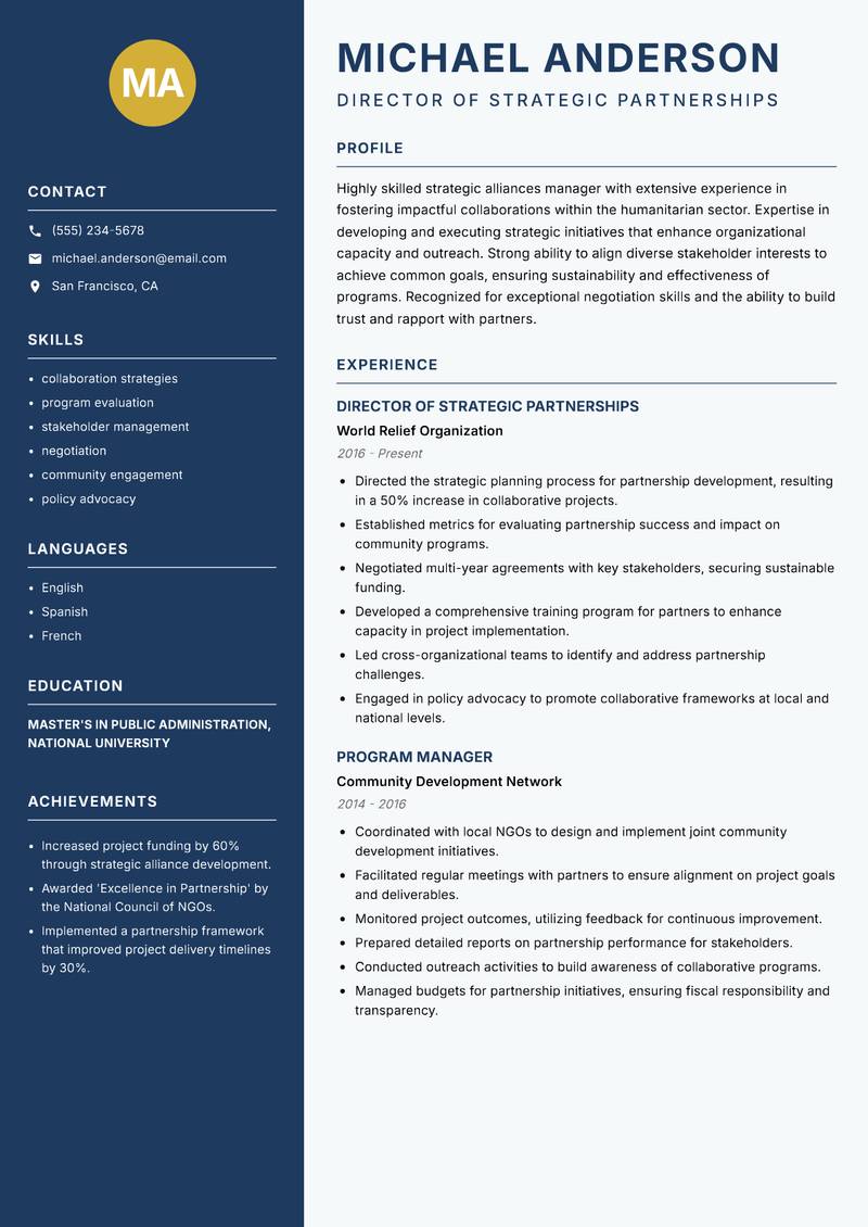 Strategic Alliances Manager NGO resume template — Classic Clean