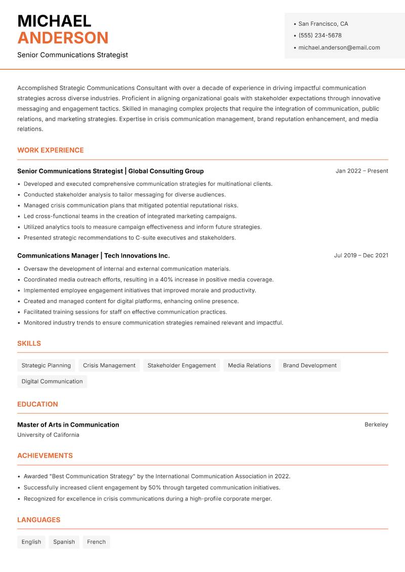 Strategic Communications Consultant resume template — Modern Professional