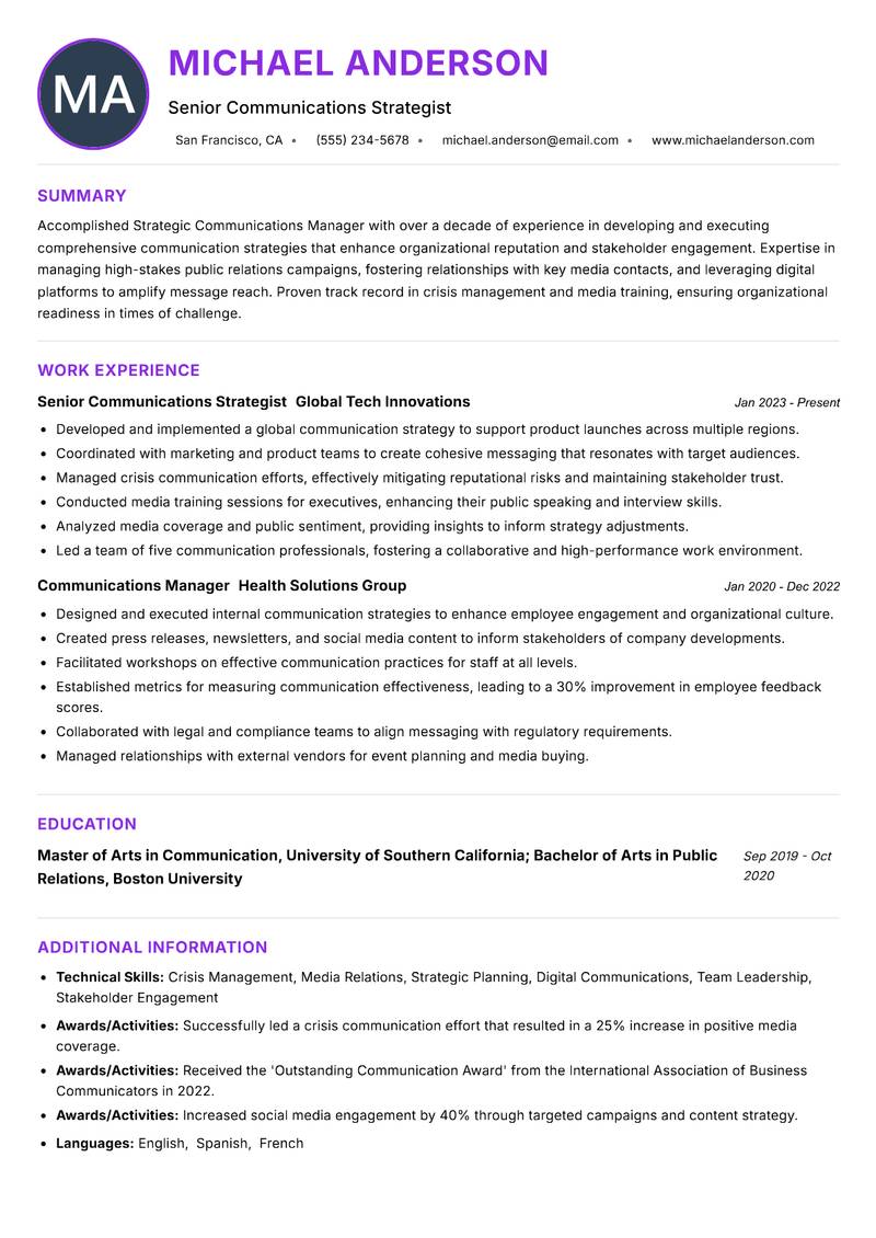 Strategic Communications Manager resume example — ATS-friendly template