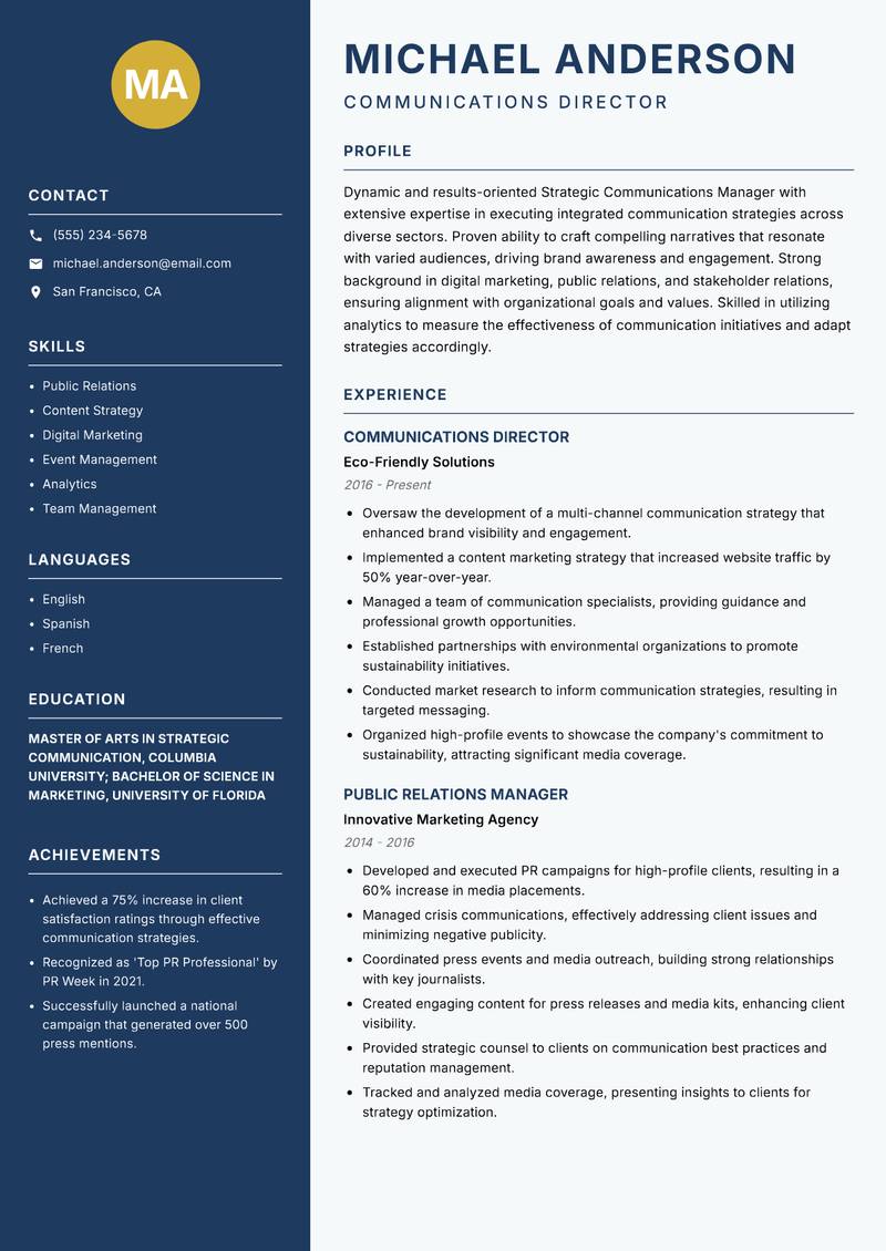 Strategic Communications Manager resume template — Classic Clean