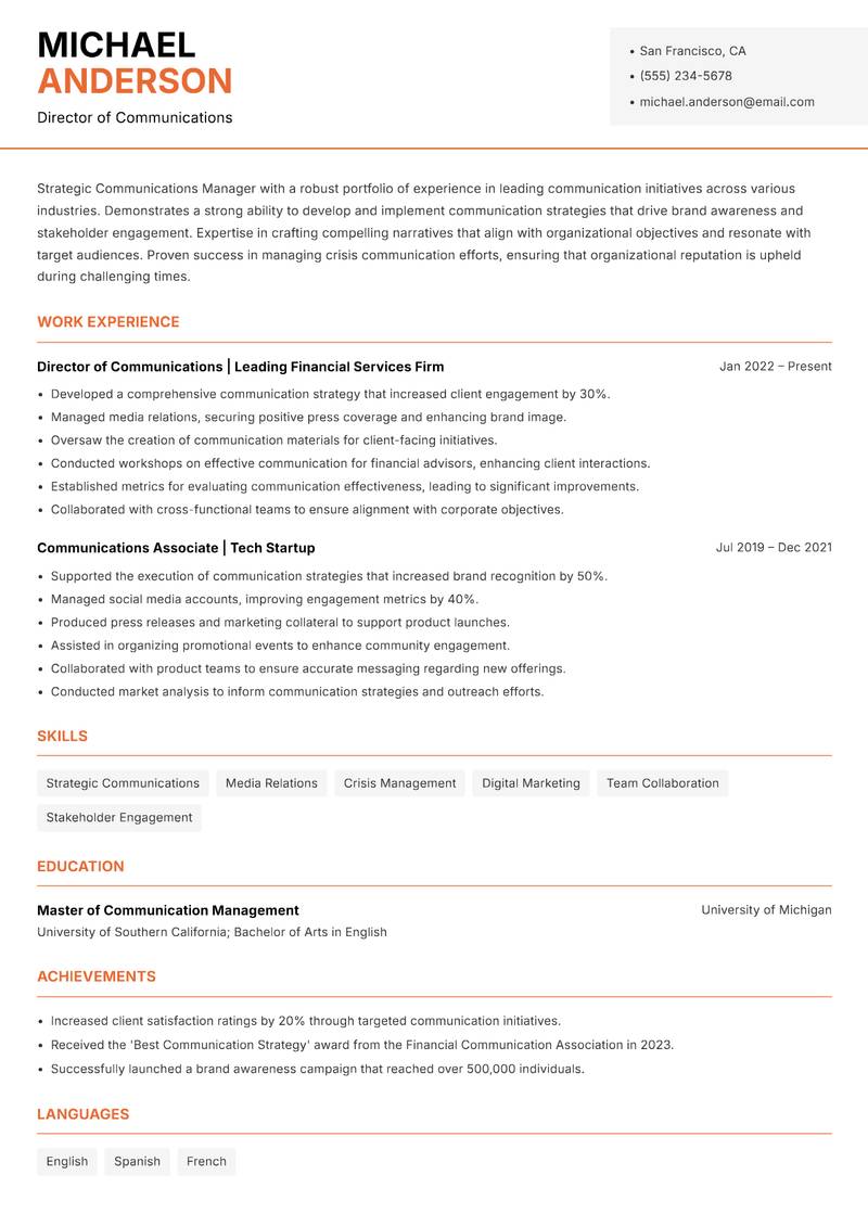 Strategic Communications Manager resume template — Modern Professional