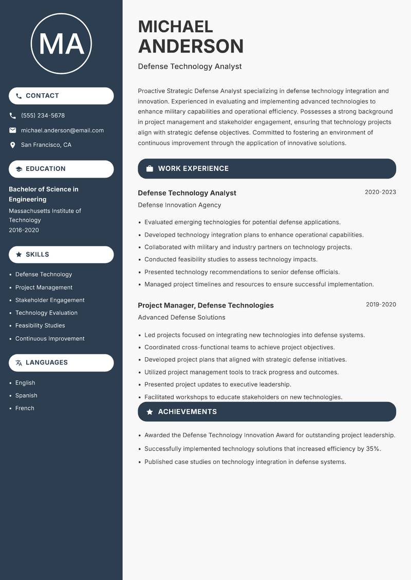 Strategic Defense Analyst resume template — Compact