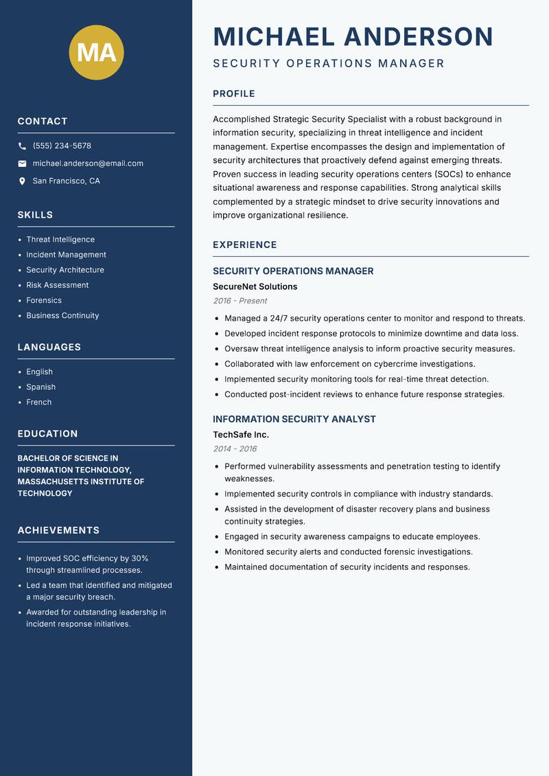 Strategic Security Specialist resume template — Classic Clean