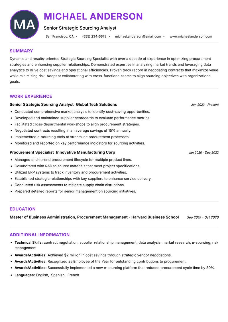 Strategic Sourcing Specialist resume example — ATS-friendly template