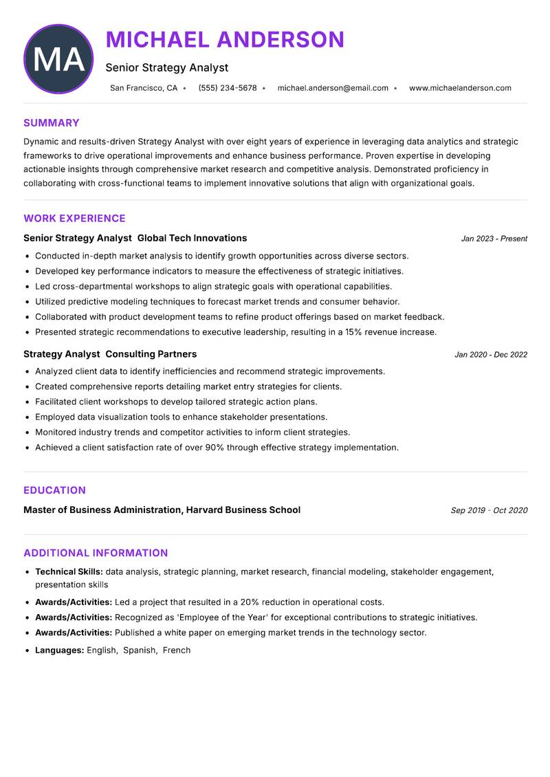 Strategy Analyst resume example — ATS-friendly template
