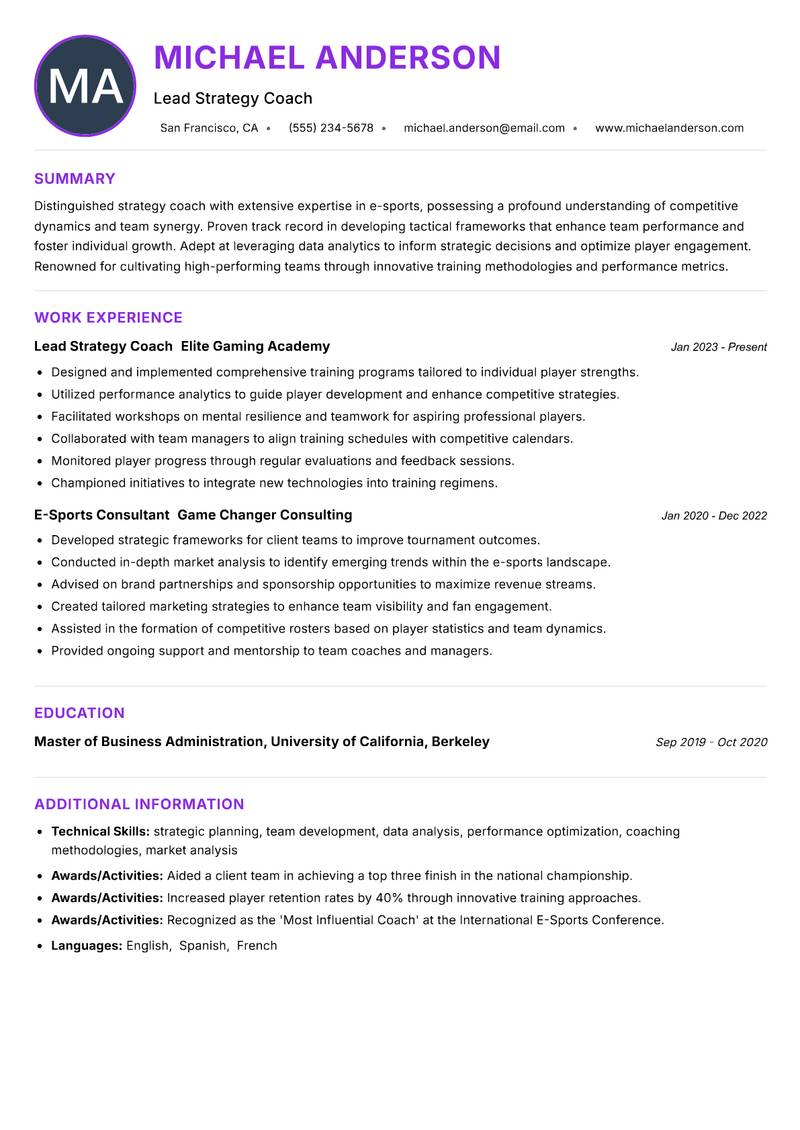 Strategy Coach E-Sports resume example — ATS-friendly template
