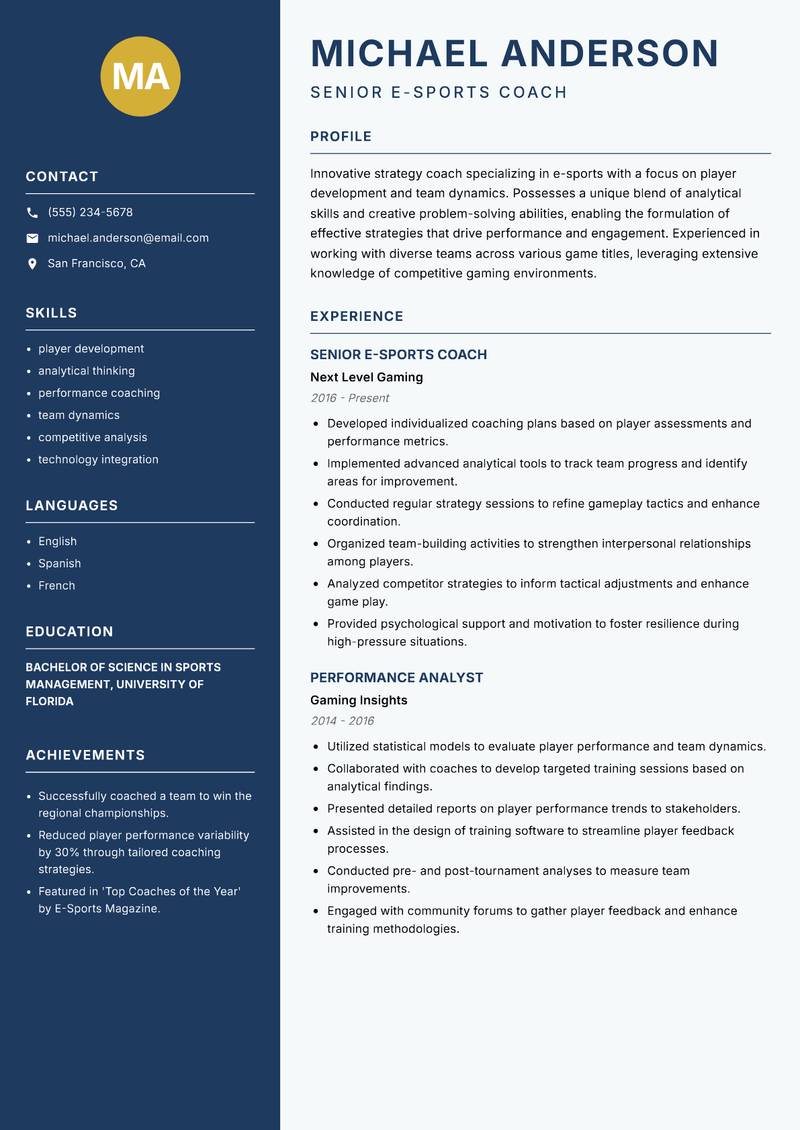 Strategy Coach E-Sports resume template — Classic Clean