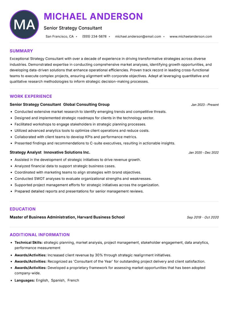 Strategy Consultant resume example — ATS-friendly template