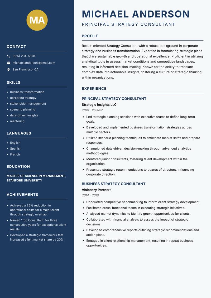 Strategy Consultant resume template — Classic Clean