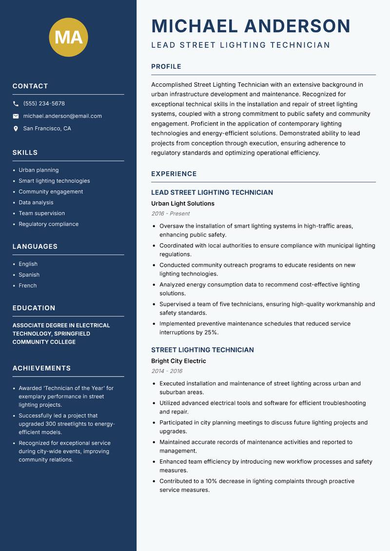Street Lighting Technician resume template — Classic Clean