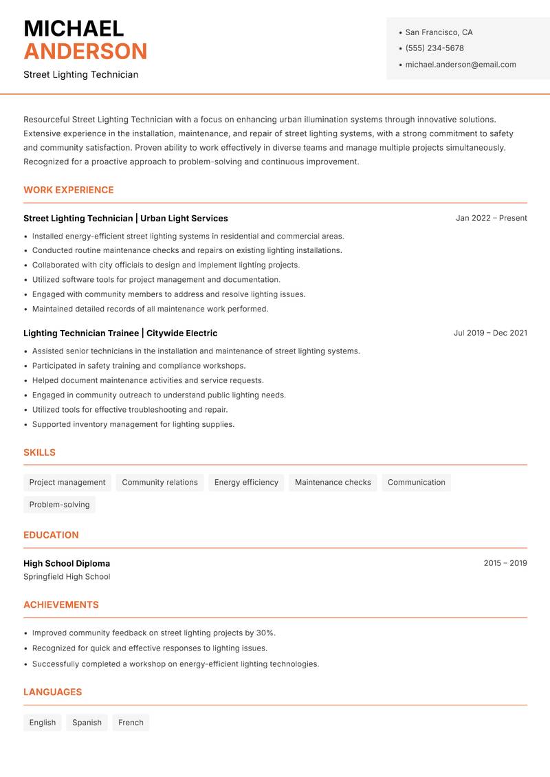 Street Lighting Technician resume template — Modern Professional