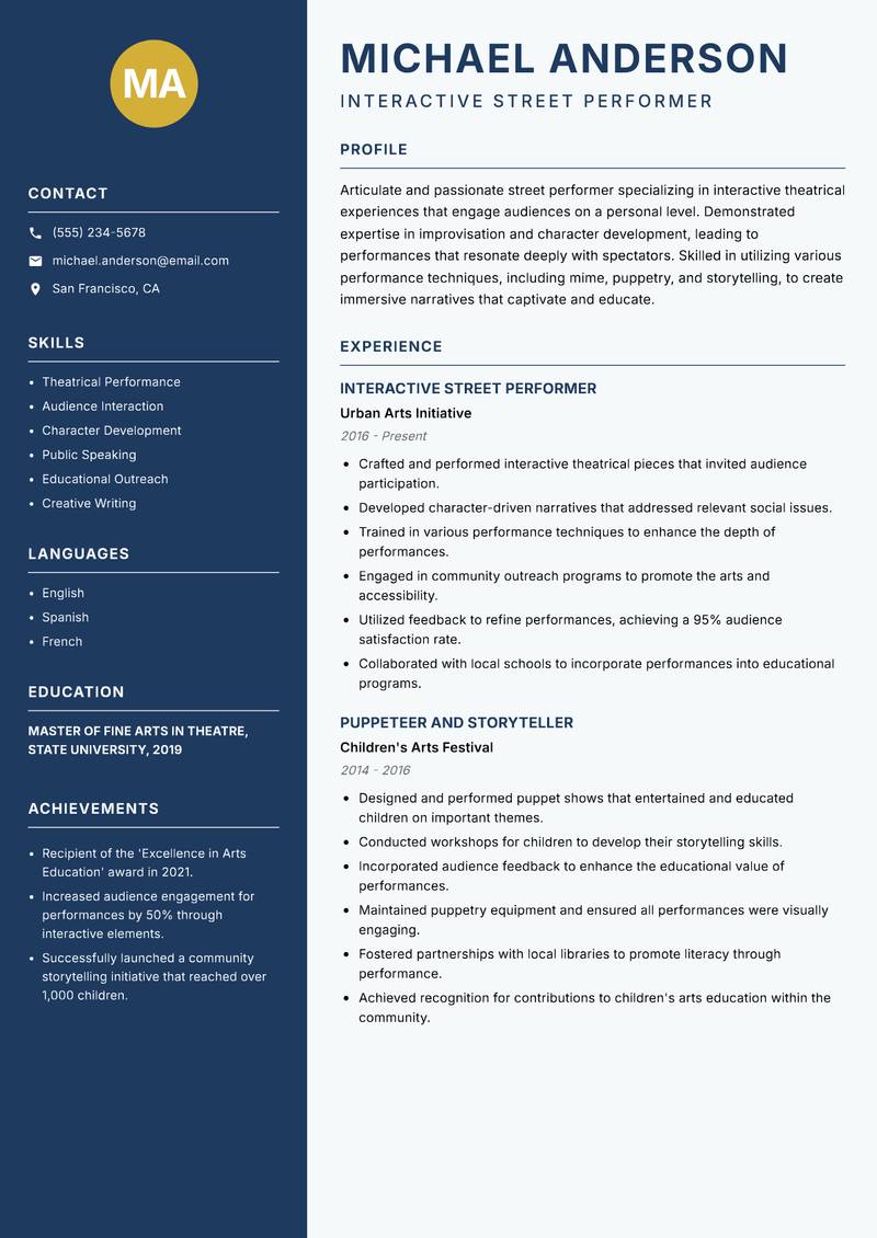 Street Performer resume template — Classic Clean