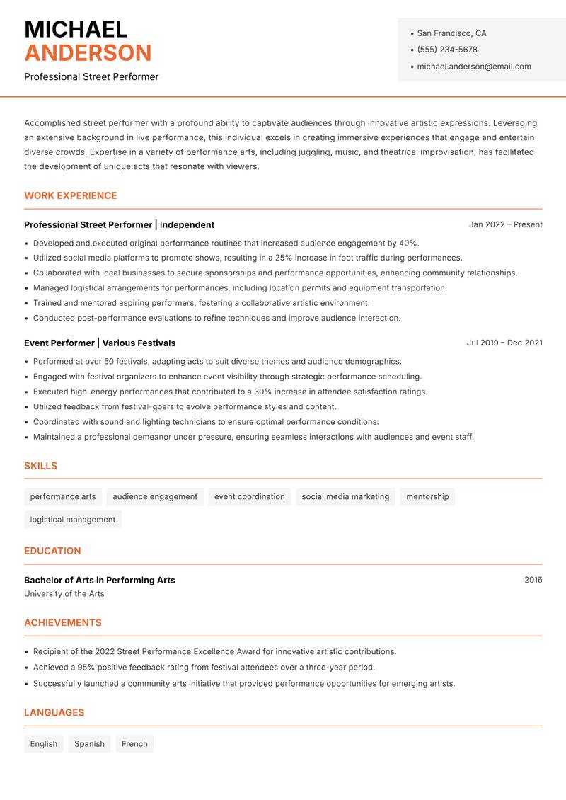 Street Performer resume template — Modern Professional