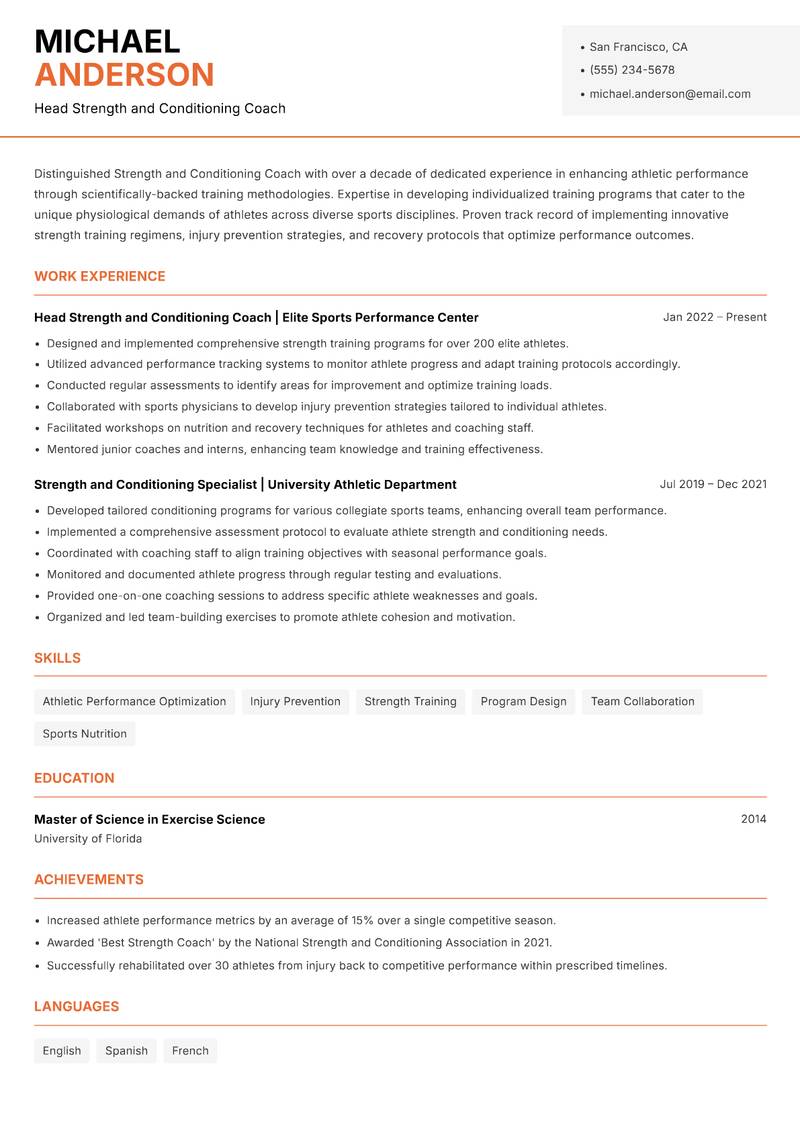 Strength and Conditioning Coach resume template — Modern Professional