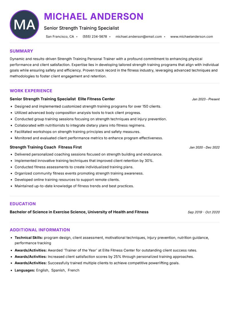 Strength Training Personal Trainer resume example — ATS-friendly template