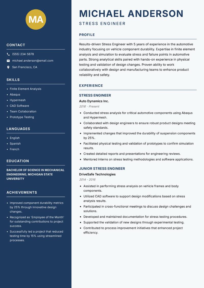 Stress Engineer resume template — Classic Clean