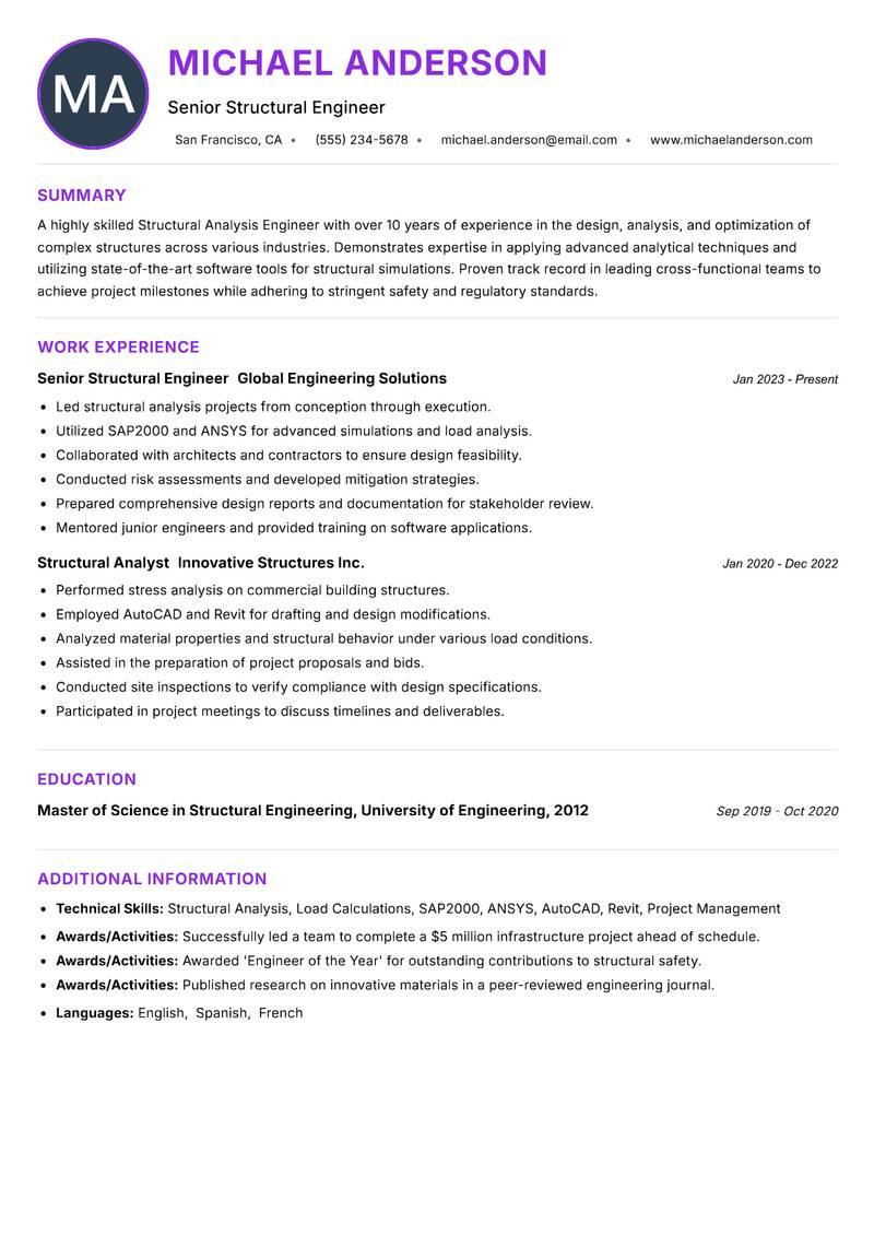 Structural Analysis Engineer resume example — ATS-friendly template