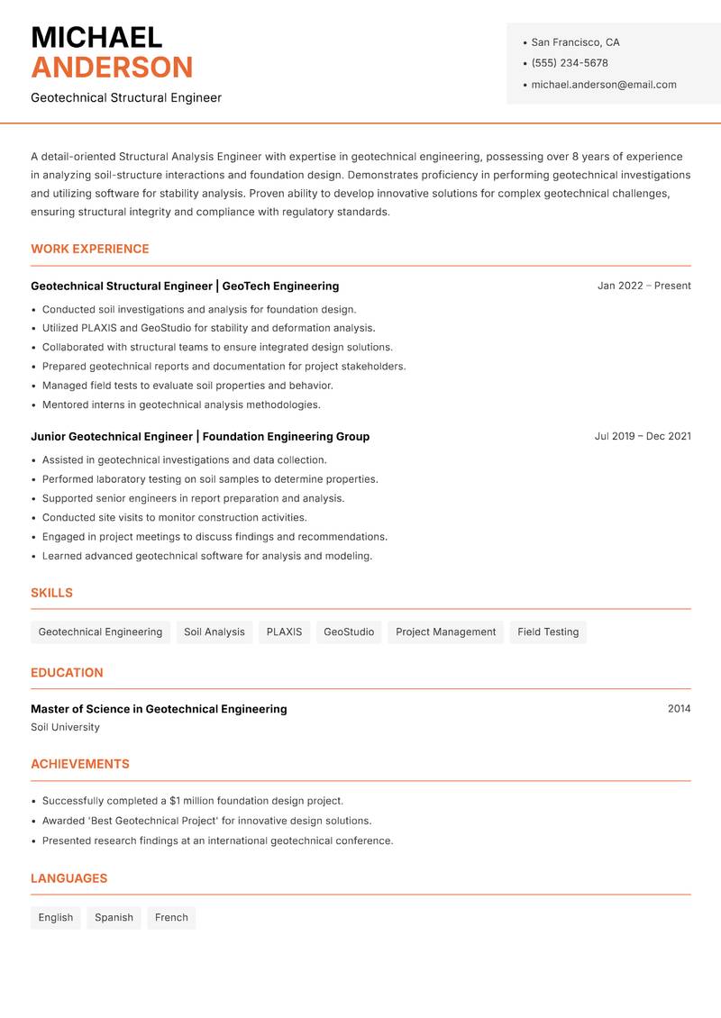 Structural Analysis Engineer resume template — Modern Professional