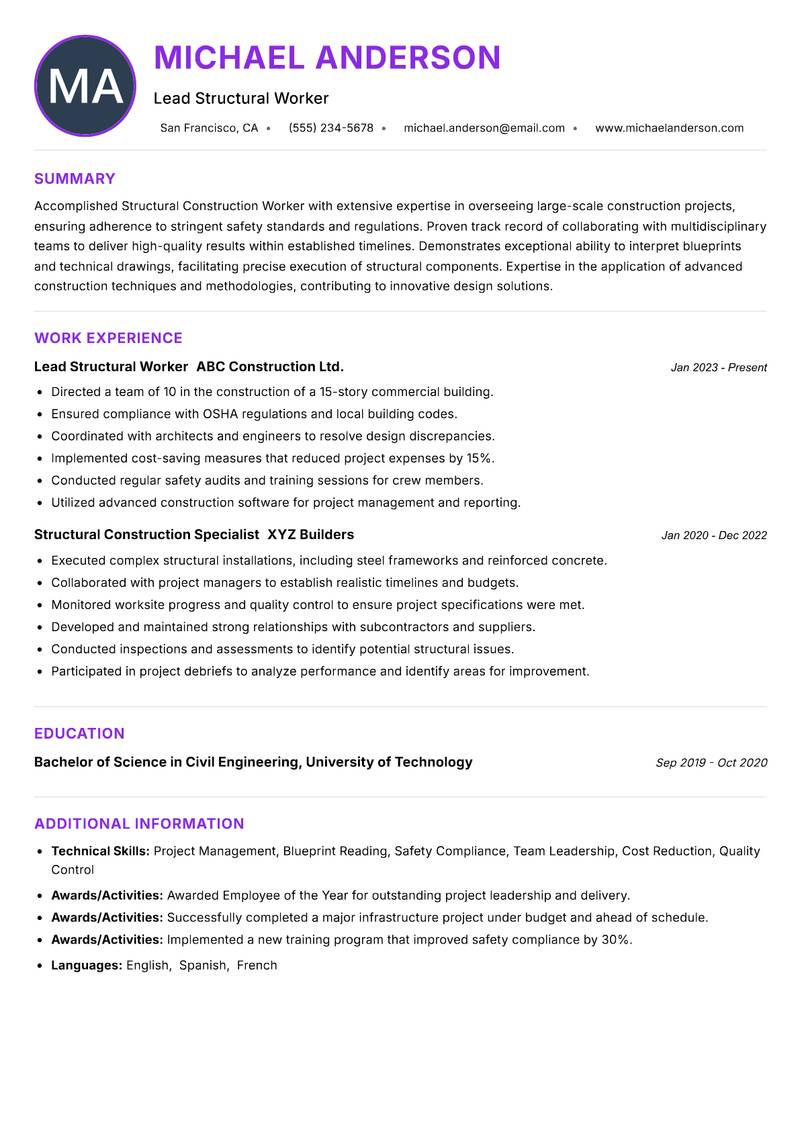 Structural Construction Worker resume example — ATS-friendly template