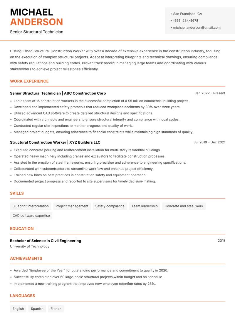 Structural Construction Worker resume template — Modern Professional