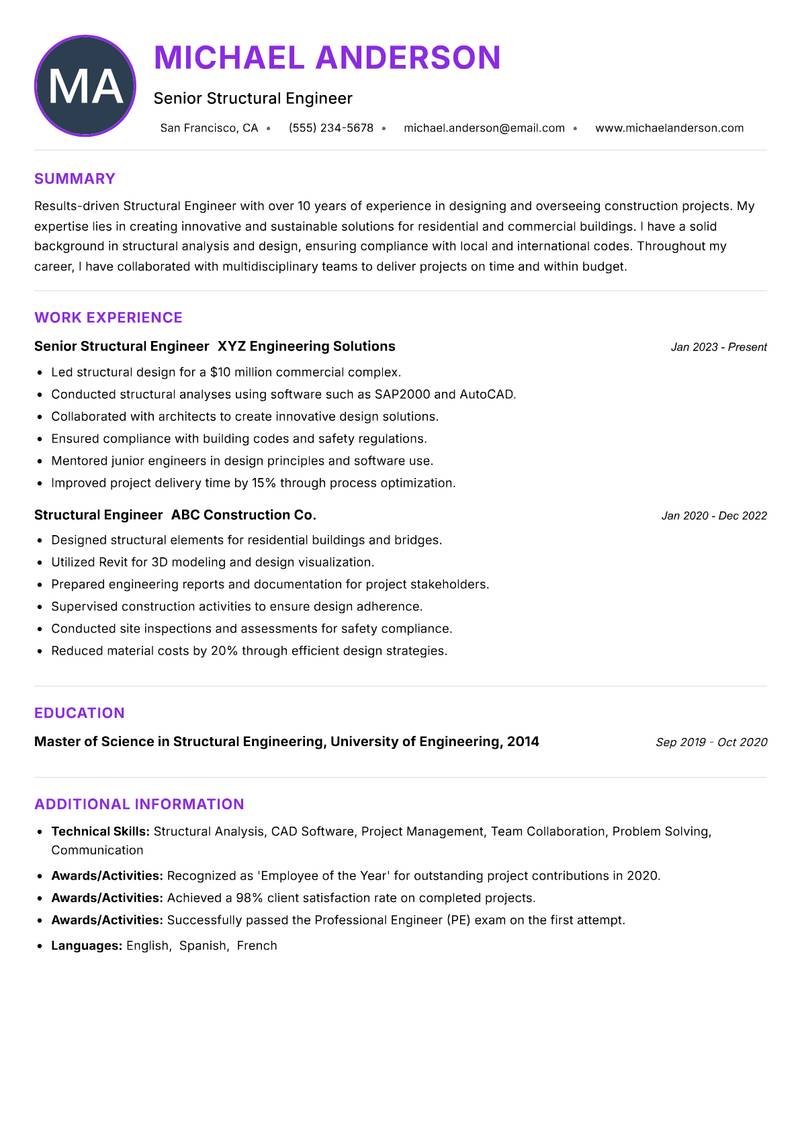 Structural Engineer resume example — ATS-friendly template