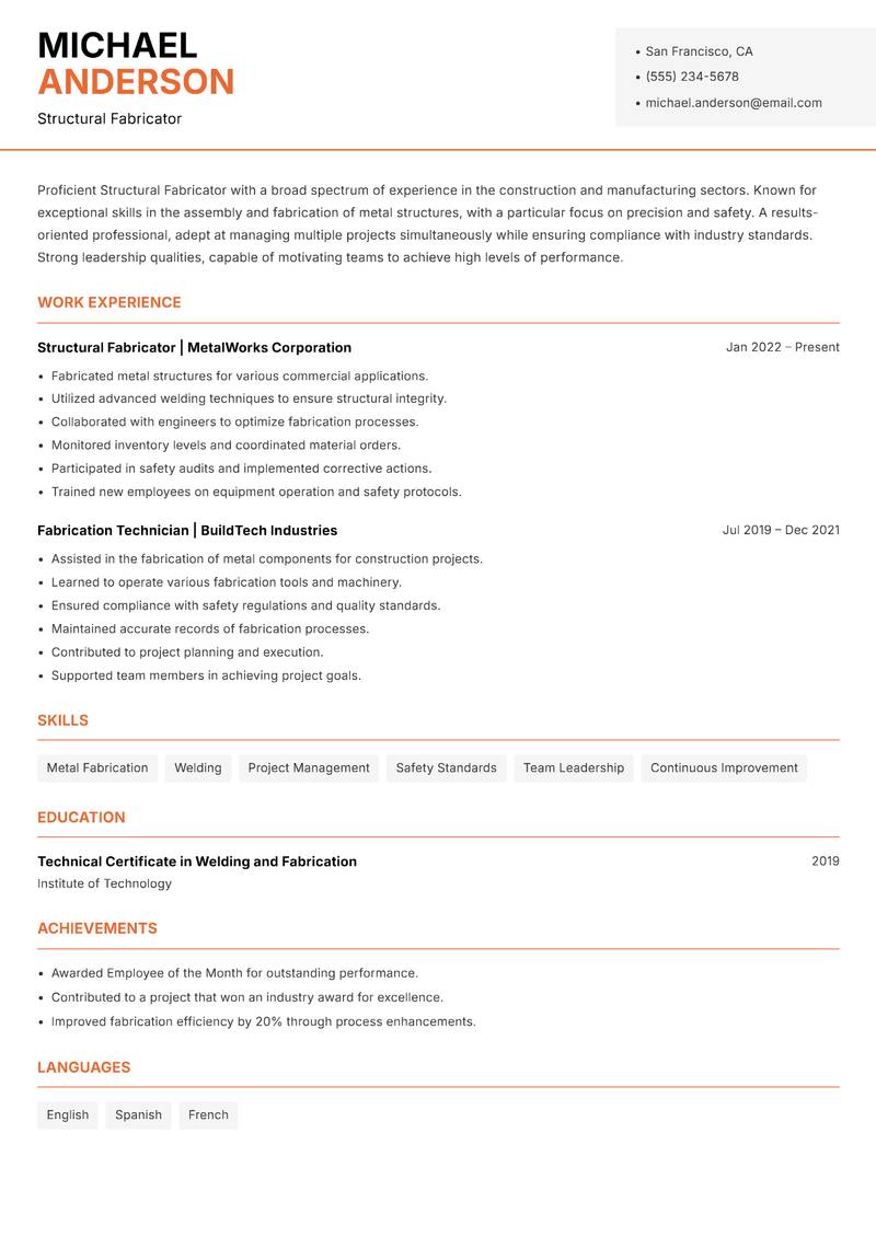 Structural Fabricator resume template — Modern Professional