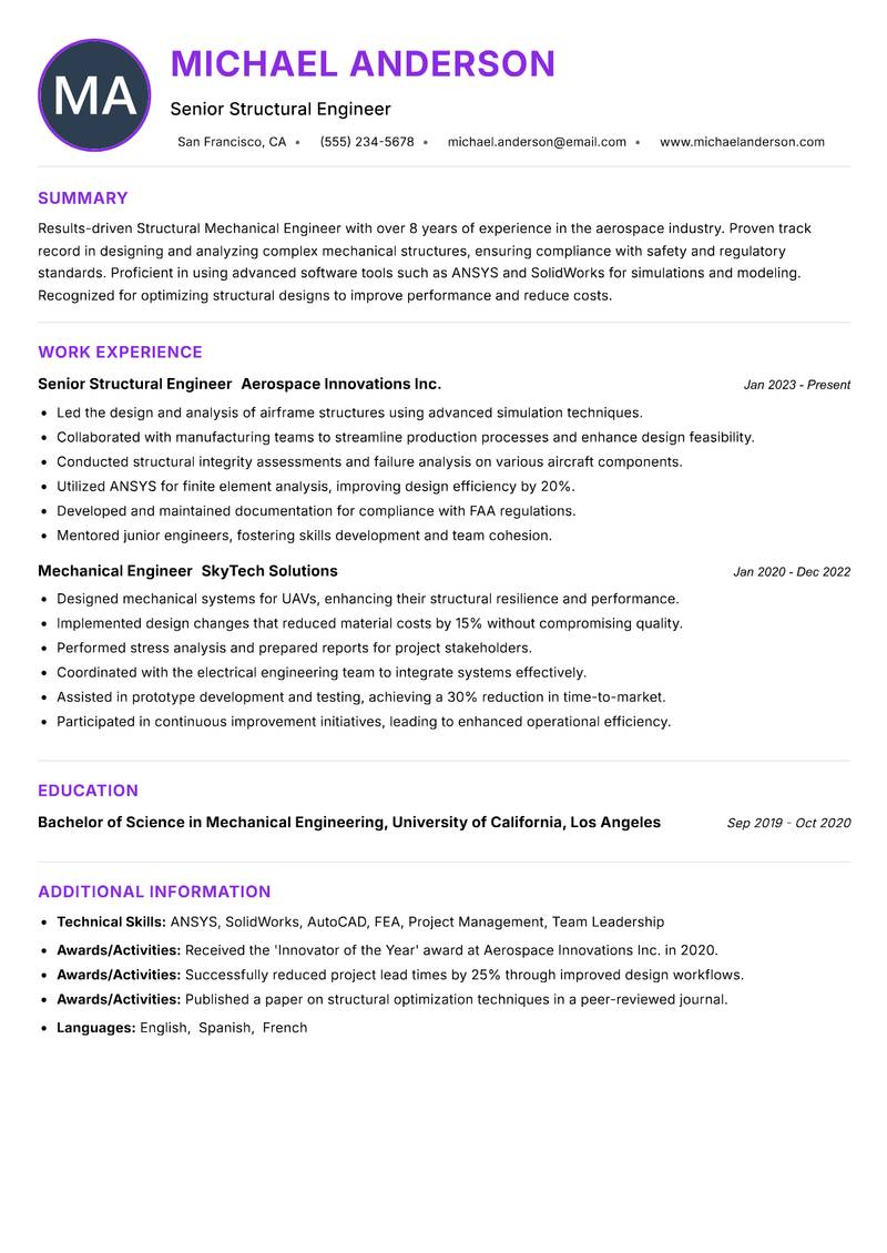 Structural Mechanical Engineer resume example — ATS-friendly template