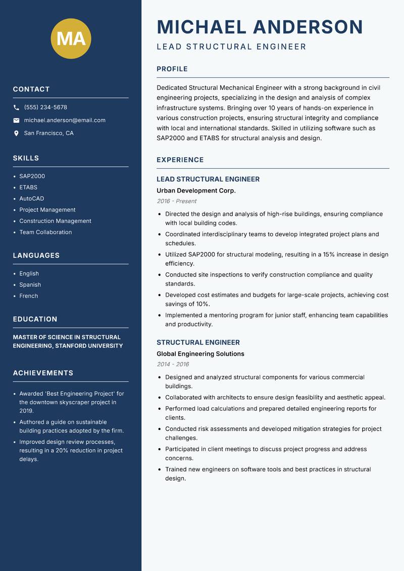 Structural Mechanical Engineer resume template — Classic Clean