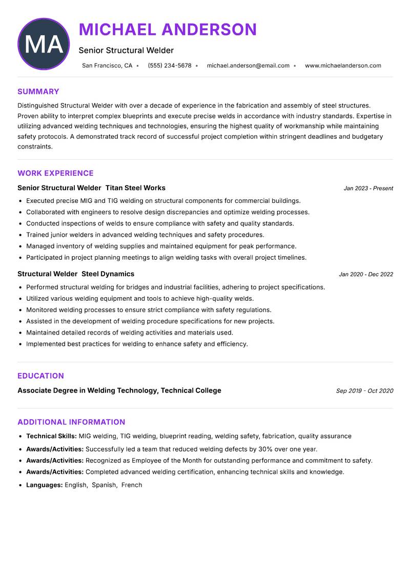 Structural Welder resume example — ATS-friendly template