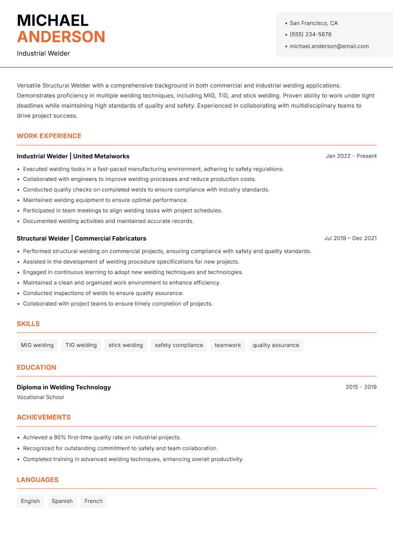 Structural Welder resume template — Modern Professional