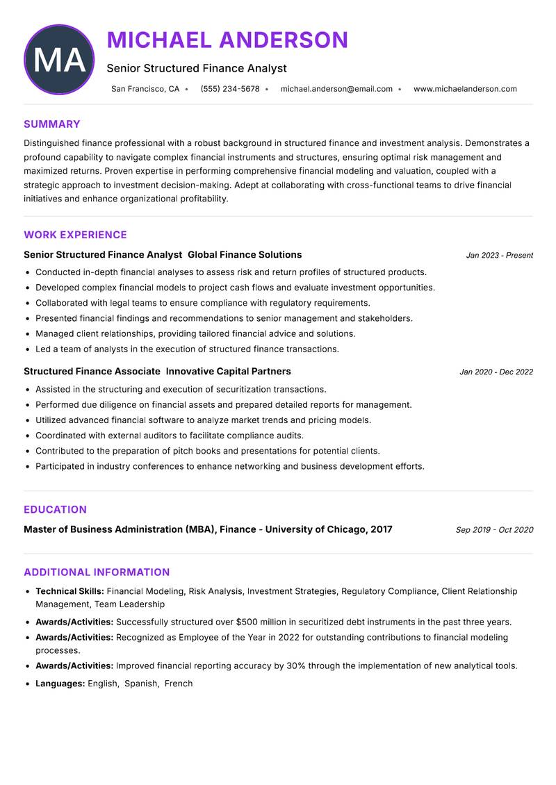 Structured Finance Analyst resume example — ATS-friendly template