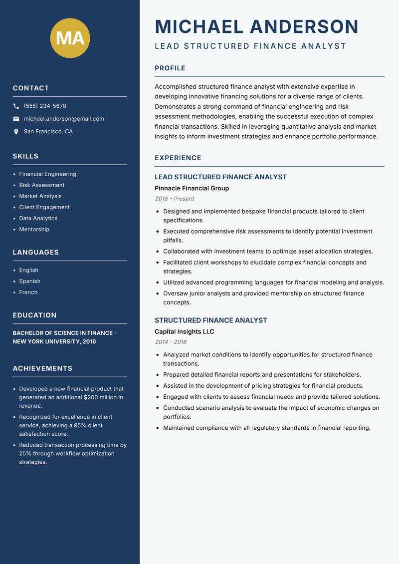 Structured Finance Analyst resume template — Classic Clean
