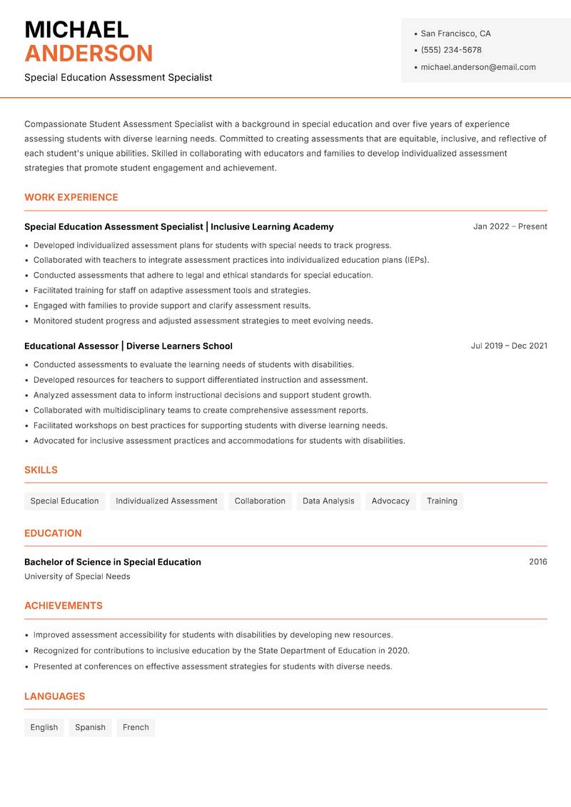 Student Assessment Specialist resume template — Modern Professional