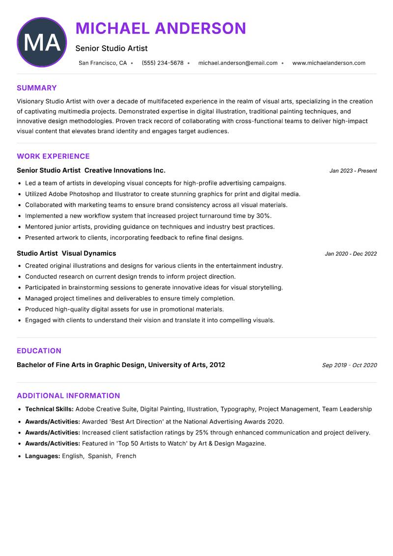 Studio Artist resume example — ATS-friendly template