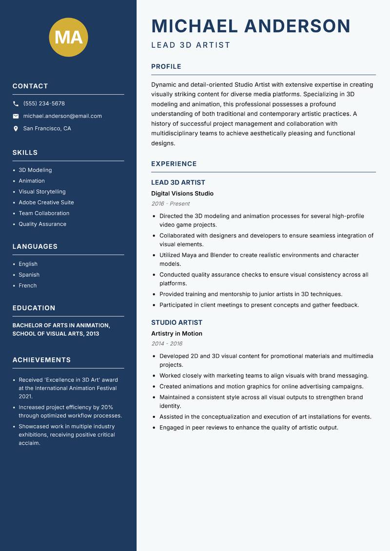 Studio Artist resume template — Classic Clean
