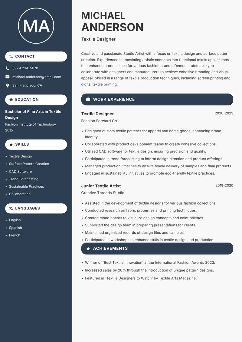 Studio Artist resume template — Compact