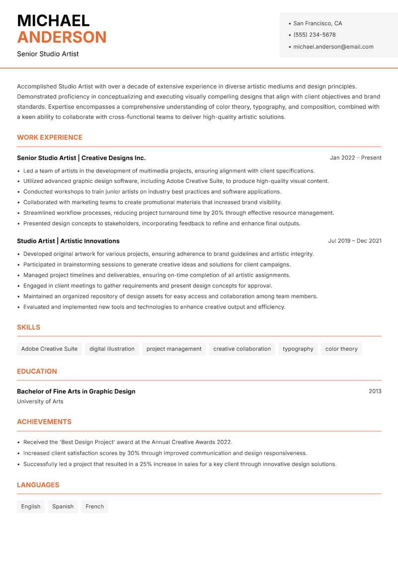Studio Artist resume template — Modern Professional