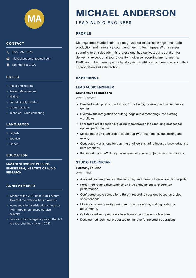 Studio Engineer resume template — Classic Clean