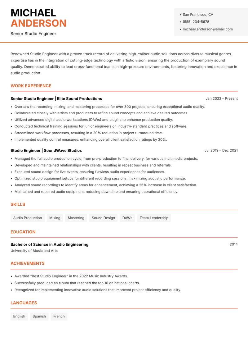 Studio Engineer resume template — Modern Professional