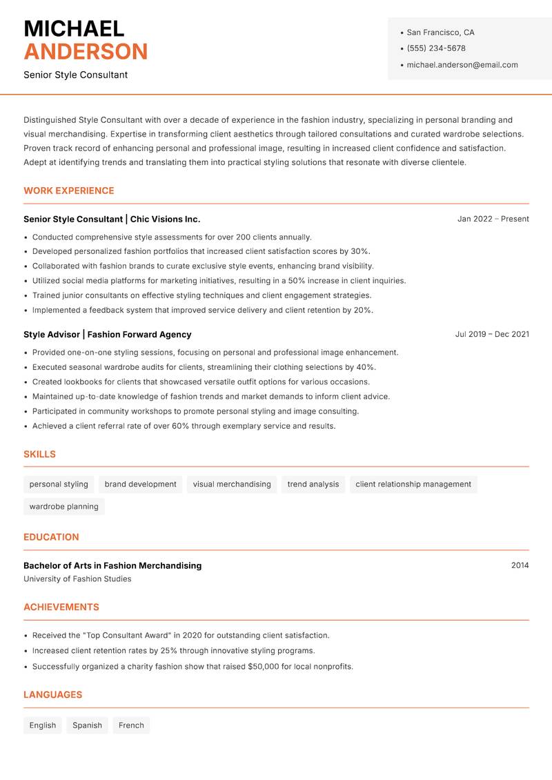 Style Consultant resume template — Modern Professional